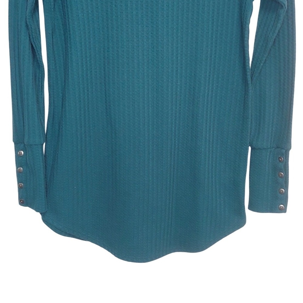 Chaser Womens Teal Waffle Knit Long Sleeve Crew Neck Henley Curved Hem Thermal S - Picture 5 of 11